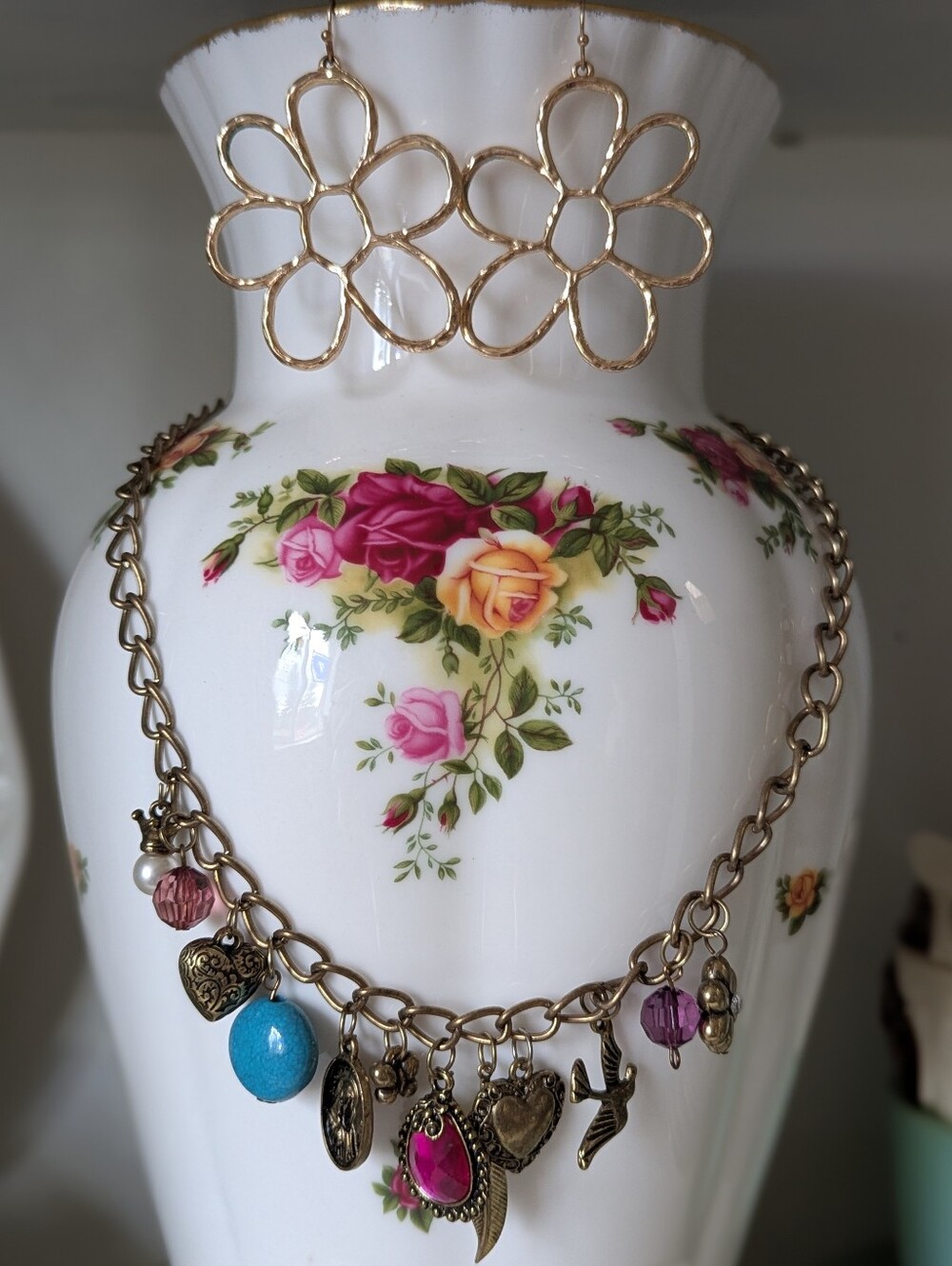 Set Goldtone Flower Hoop Antique Bronze Earrings Charm Necklace Vintage Inspired